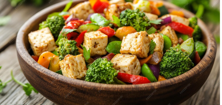 Healthy high-protein vegetarian foods including tofu, sprouts, rajma, paneer, moong dal, and sautéed vegetables for weight loss