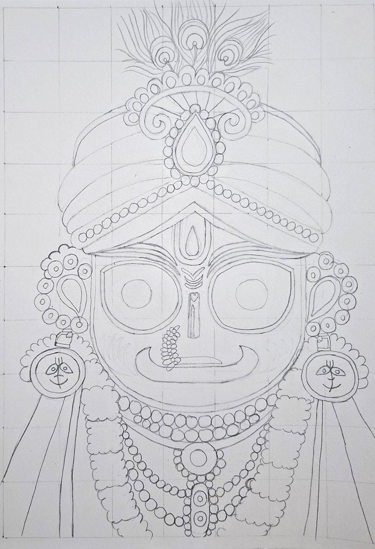 Hand-drawn pencil sketch of Lord Jagannath with traditional ornaments Hand-drawn pencil sketch of Lord Jagannath with traditional ornaments