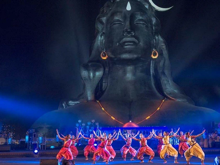 Devotees performing a vibrant dance during Isha Mahashivratri celebration