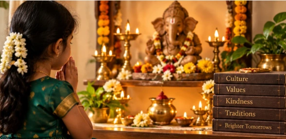 Child praying before Ganesha during a traditional home celebration