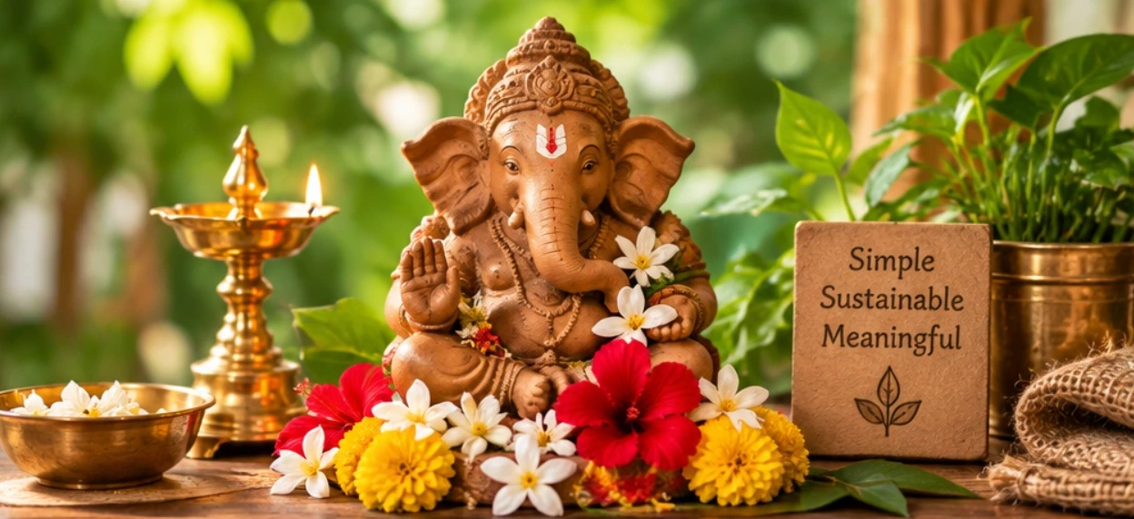 Eco-friendly clay Ganesha decorated with flowers and natural elements