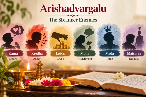 Arishadvargalu explained through six illustrations: Kama (desire), Krodha (anger), Lobha (greed), Moha (attachment), Mada (pride), and Matsarya (jealousy). Arishadvargalu – The Six Inner Enemies